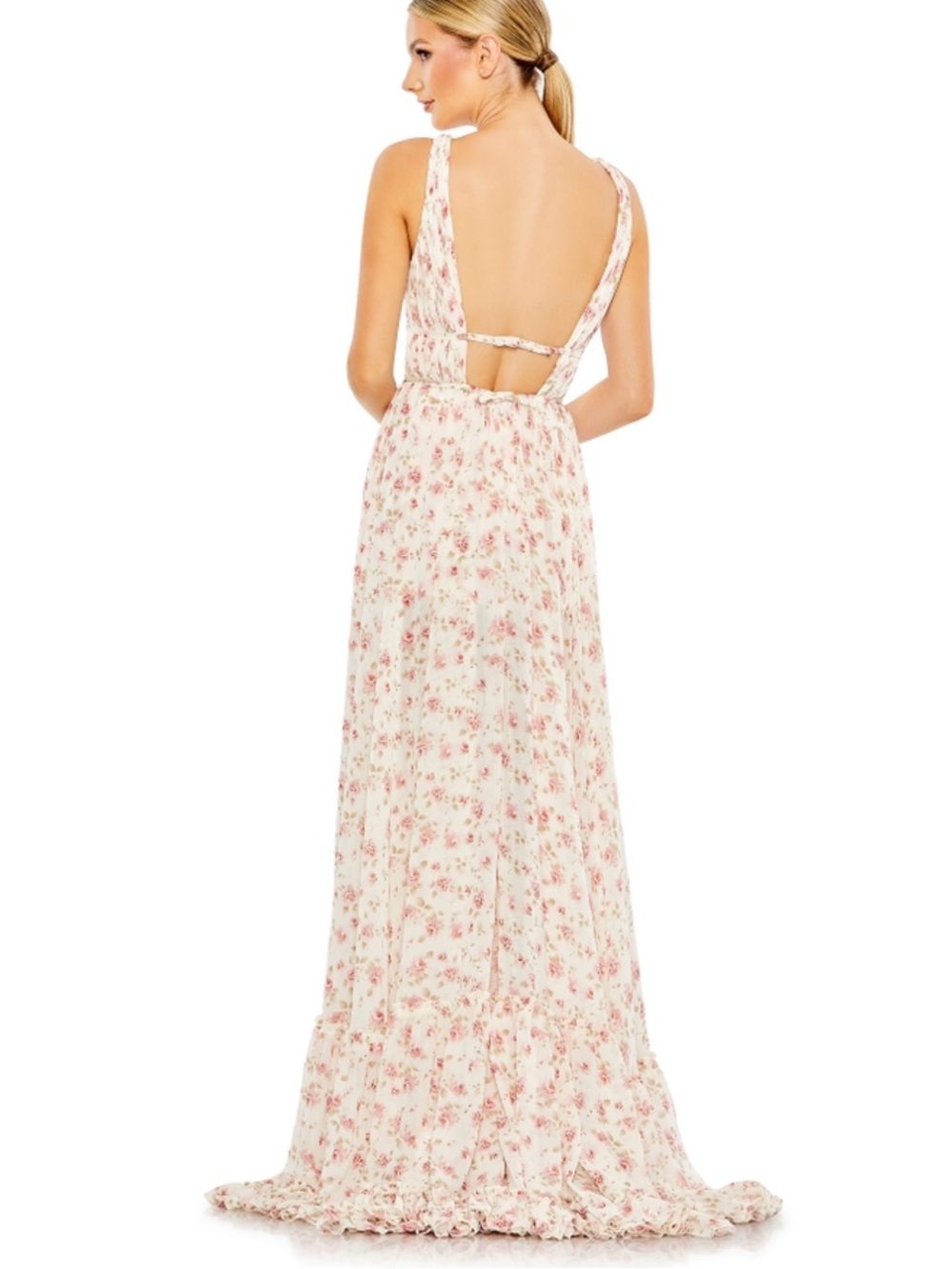NWT Mac Duggal Multicolor Floral Print Sleeveless Ruffled High-Low Gown pink - Picture 4 of 14